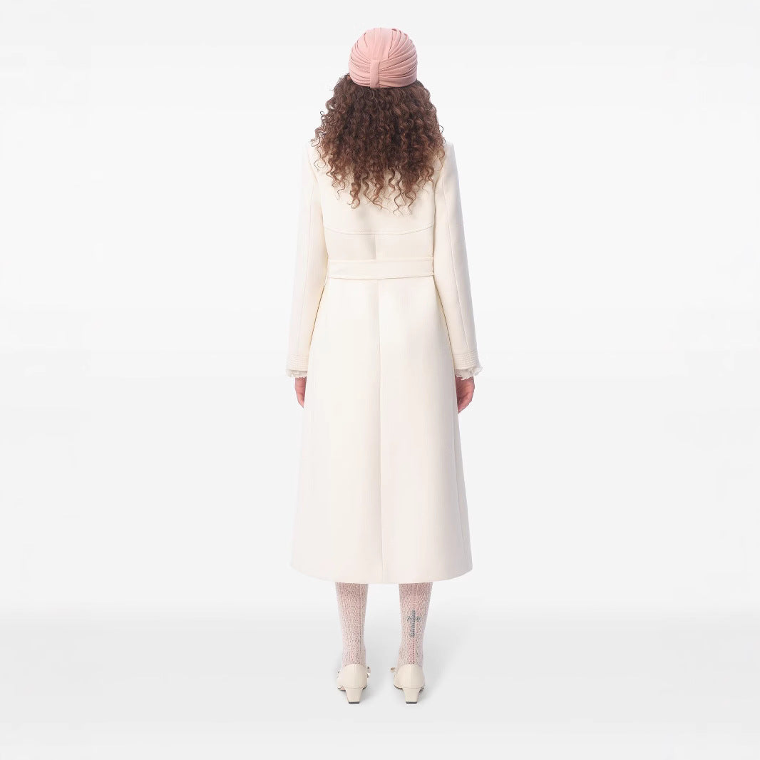 Women's longer tailored wool coat with tie belt and lace trim Mune Fashion