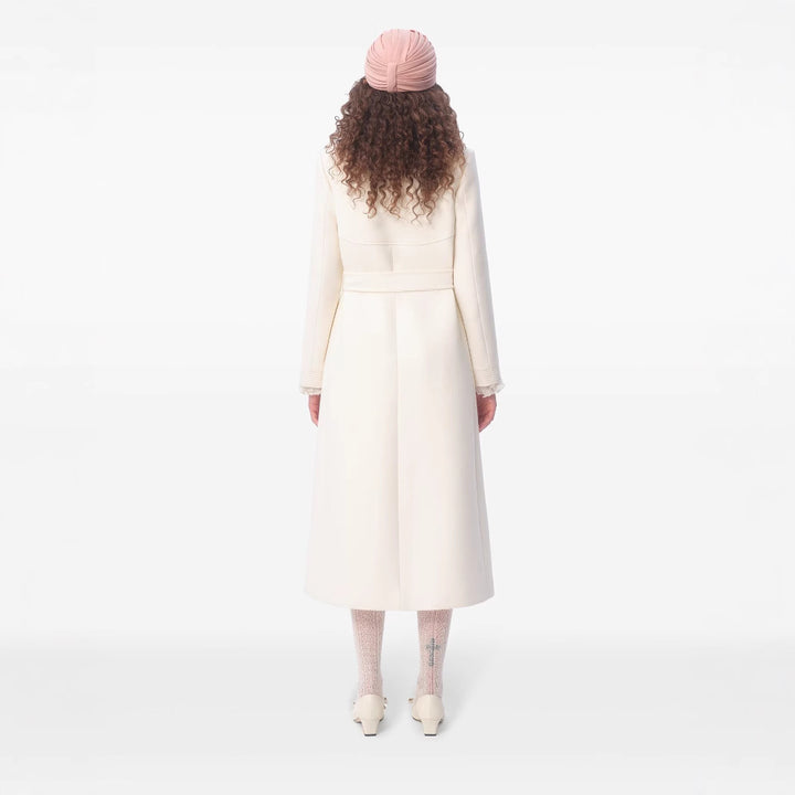 Women's longer tailored wool coat with tie belt and lace trim Mune Fashion