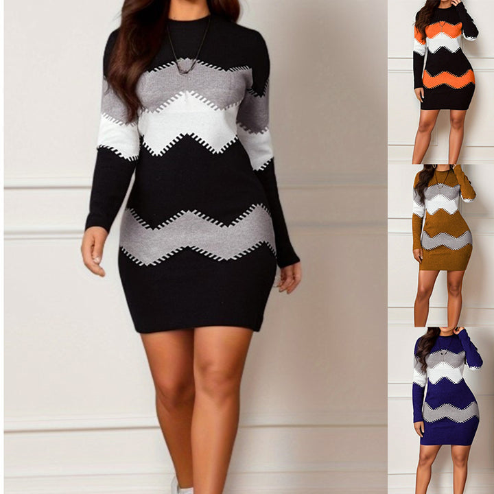 Women Figure-Hugging Knit Mini Dress with Long Sleeves and Zigzag Pattern Mune Fashion