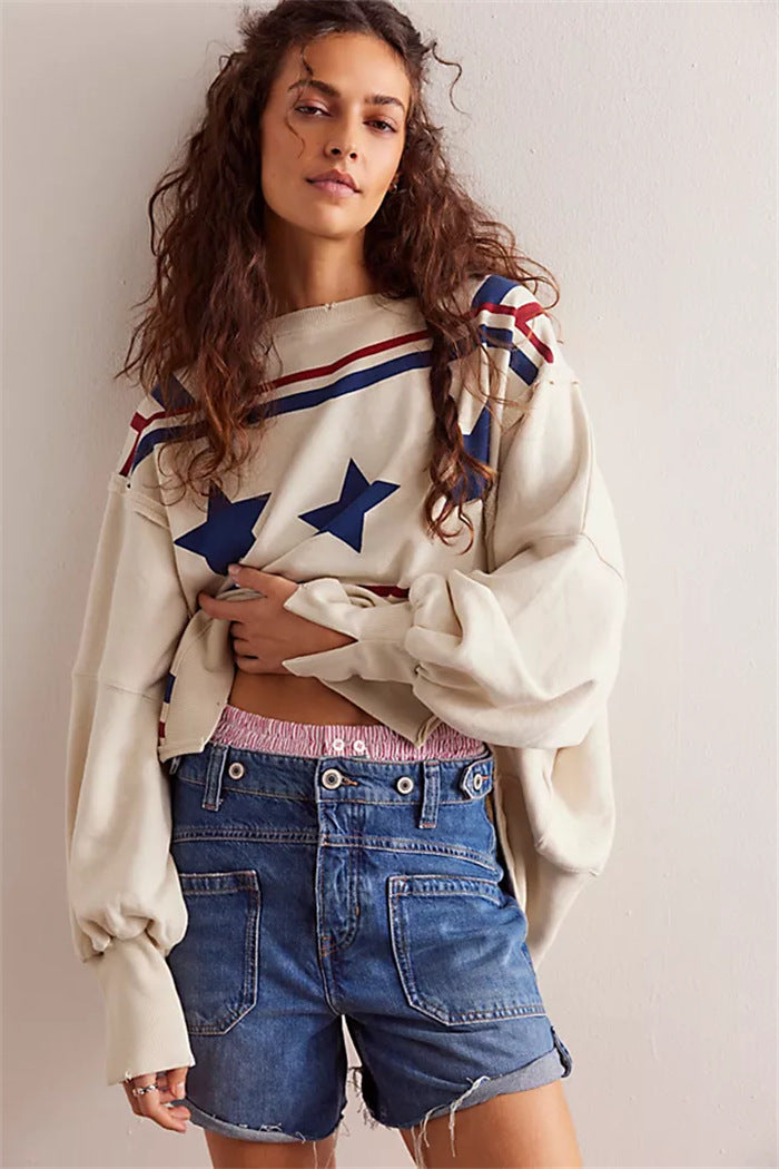 Women oversized sweatshirt with beet print, fringed seam accents and thumbhole sleeves Mune Fashion