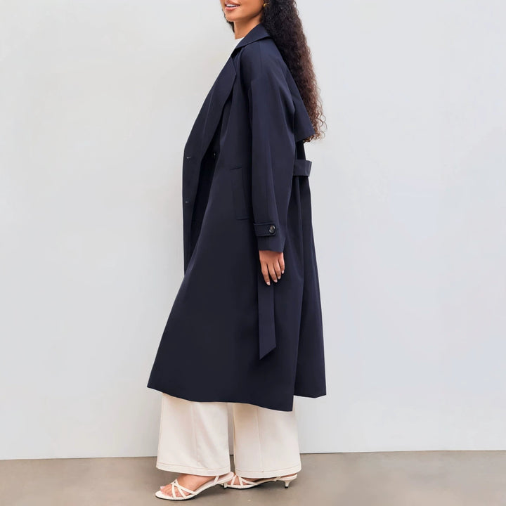 Women's Long Trench Coat with Loose Silhouette, Lapel Collar and Waist Belt Drune