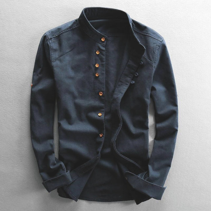 Men's Lightweight Linen Overshirt with Stand Collar and Decorative Button Placket Mune Fashion