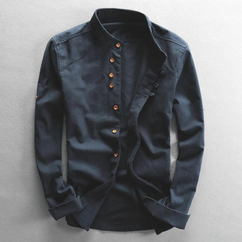 Men's Lightweight Cotton-Linen Overshirt with Stand Collar and Button Placket Detail Mune Fashion