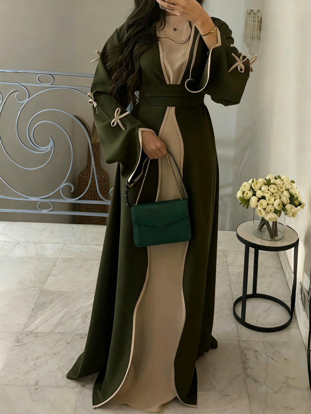 Women's elegant Abaya-Kaftan with wide trumpet sleeves, contrasting yoke and wrap belt Mune Fashion