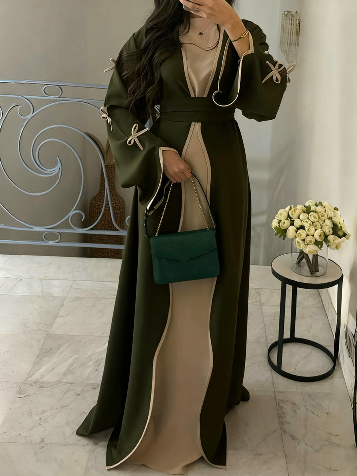 Women's elegant Abaya-Kaftan with wide trumpet sleeves, contrasting yoke and wrap belt Mune Fashion