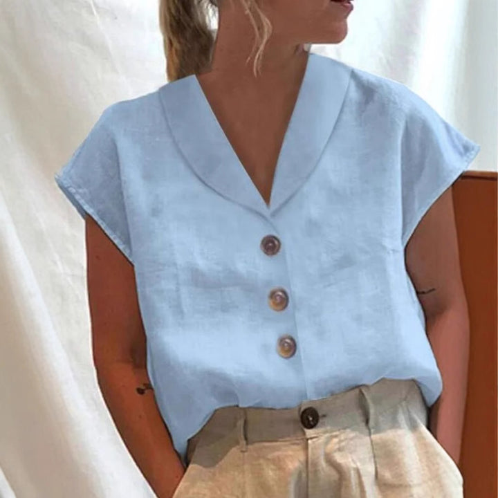 Women's casual linen blouse top with notched collar and wood button placket Mune Fashion