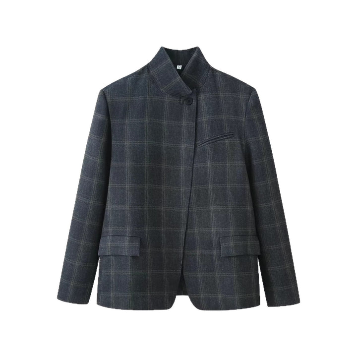 Women Checked Short Blazer with Stand Collar and Flap Pockets Mune Fashion
