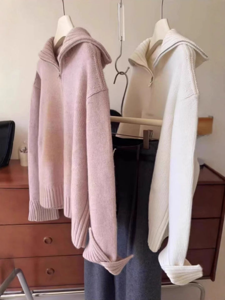 Women's Oversized Fine Knit Sweater with Half Zipper and Wide Turtleneck Mune Fashion