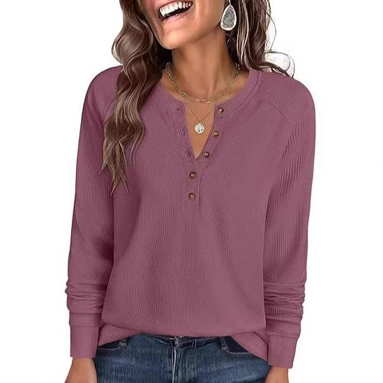 Ladies Waffle Knit Henley Long Sleeve with Button Placket, Raglan Sleeves and Ribbed Cuffs Mune Fashion