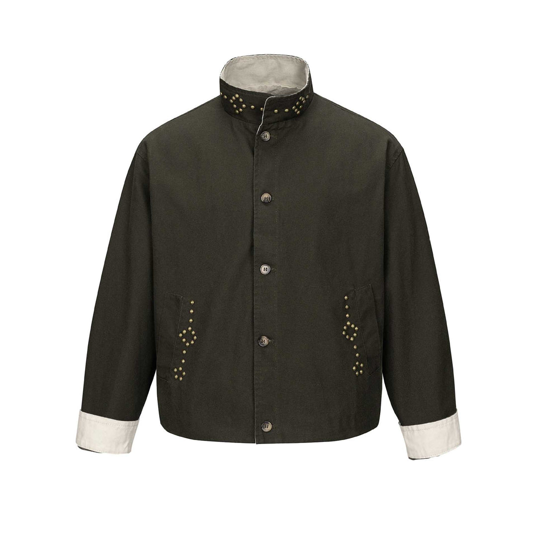 Unisex Short Blouson Jacket with High-Collar Studded Neck and Utility Pockets Mune Fashion