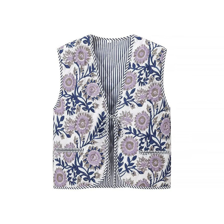 Women Padded Quilted Vest with Floral Allover Look and Tie Band Mune Fashion