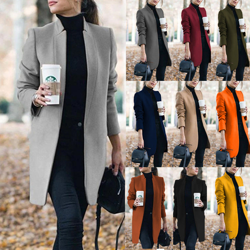 Women's tailored wool coat with stand-up collar and concealed button placket Mune Fashion