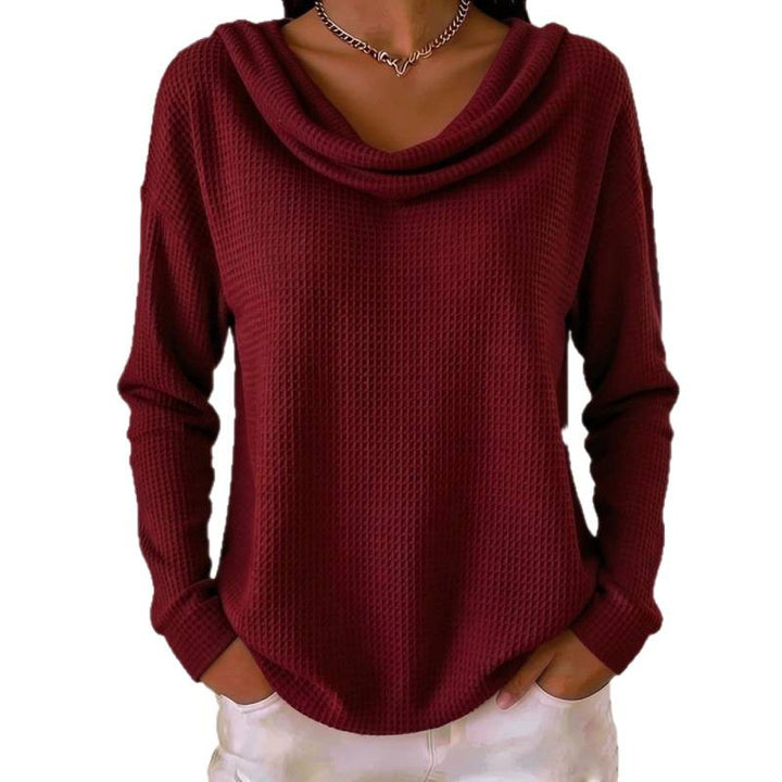 Women Casual Waffle Knit Sweater with Wide Waterfall Collar and Rounded Hem Mune Fashion