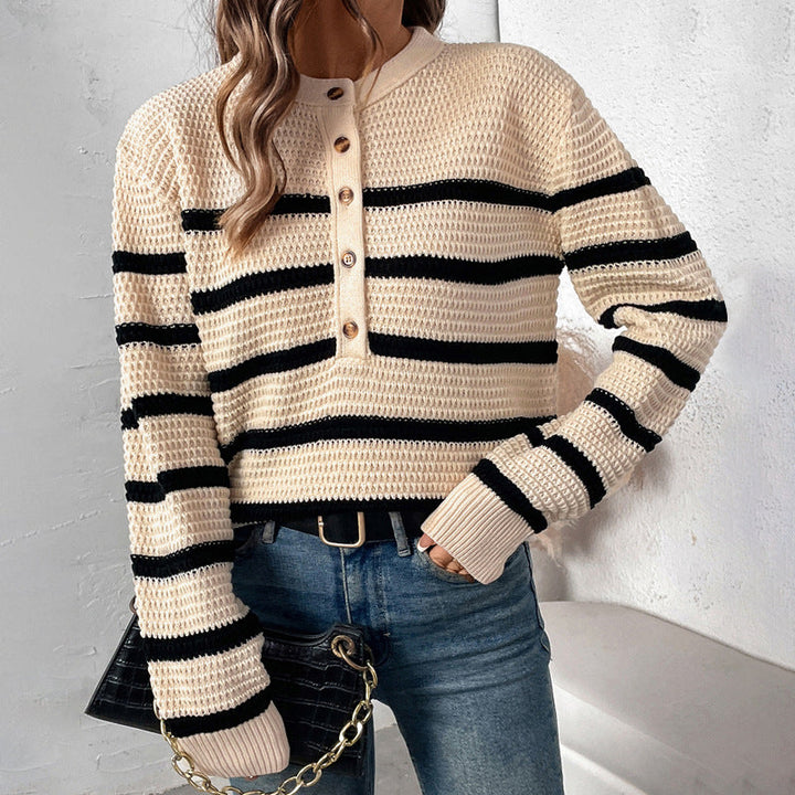 Women's Striped Waffle Knit Henley Sweater with Button Placket Mune Fashion