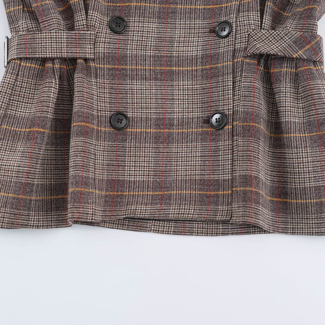 Ladies Short Double-Breasted Tailored Check Jacket with Stand Collar and Waist Straps Mune Fashion