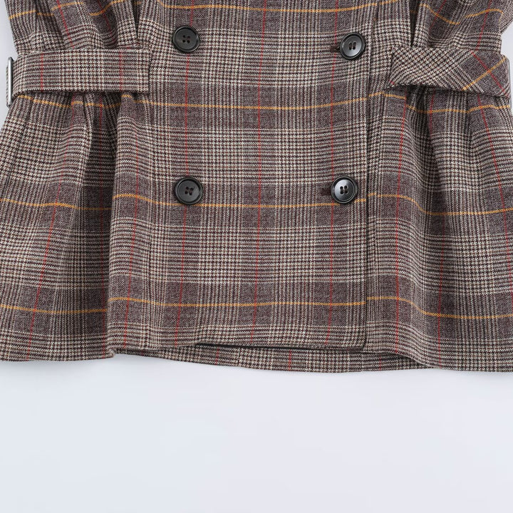 Ladies Short Double-Breasted Tailored Check Jacket with Stand Collar and Waist Straps Mune Fashion