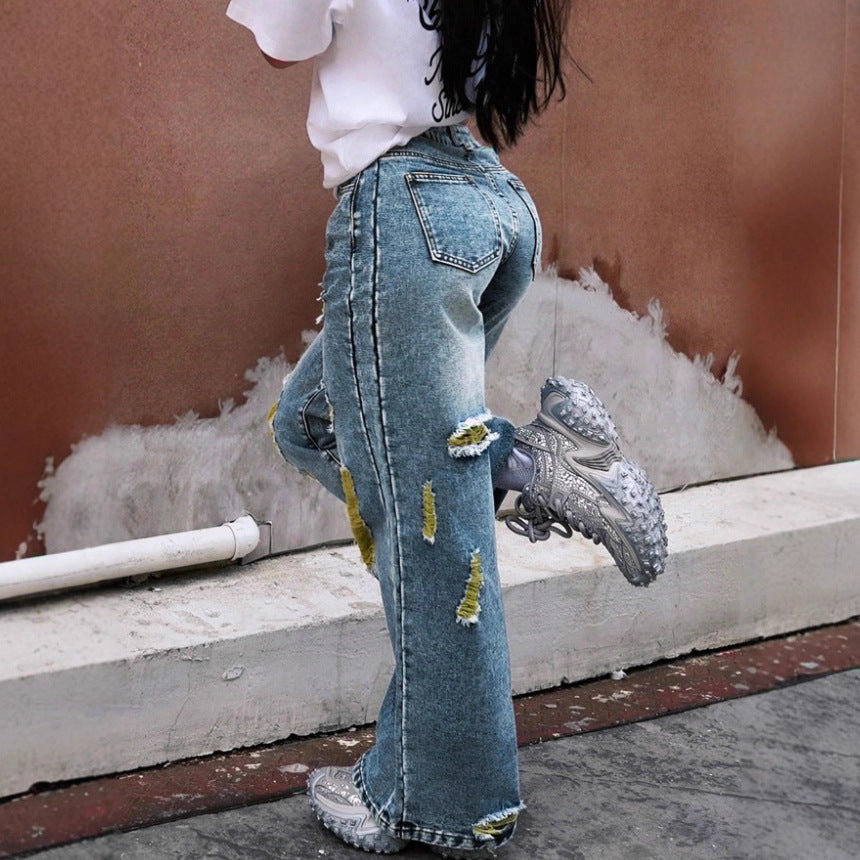 Women wide High-Waist jeans pants with destroyed details and contrasting lining Mune Fashion