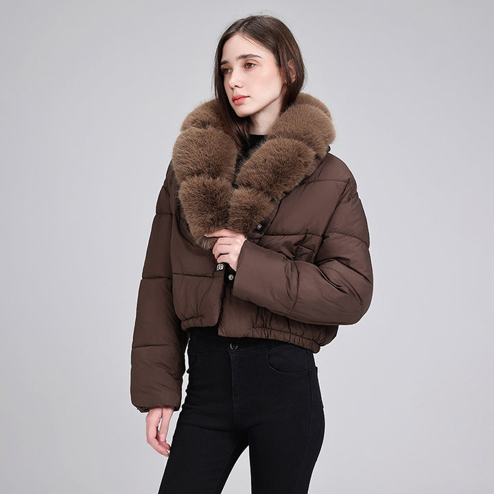 Women's cropped isolation jacket with voluminous faux fur shawl collar and elastic hem Mune Fashion