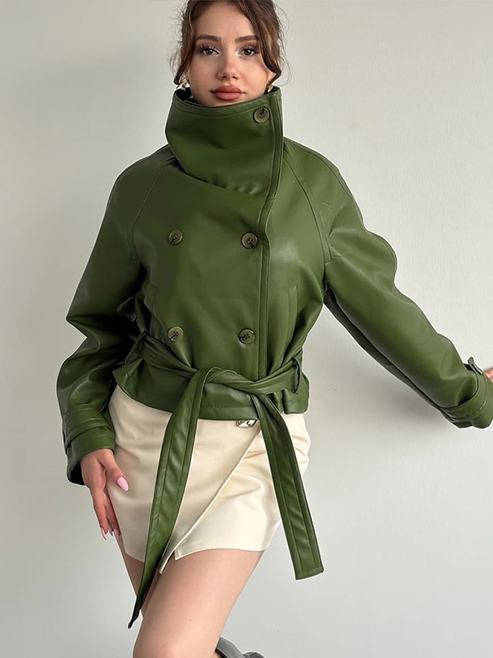 Women Tailored Short Blouson Jacket made of Imitation Leather with High Stand-up Collar and Ties Belt Mune Fashion