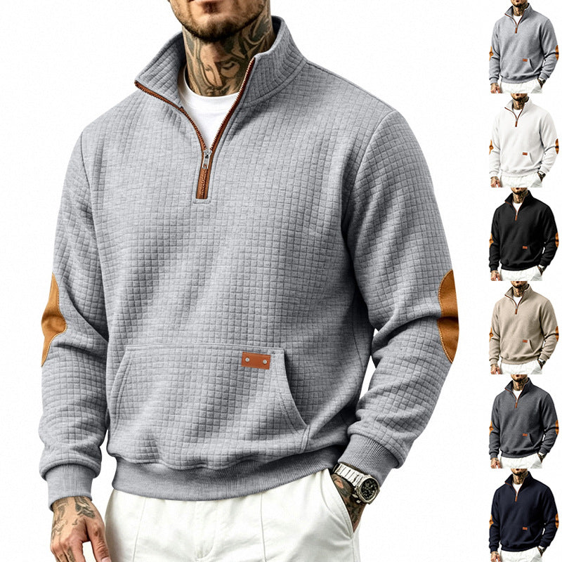 Men's Textured Half-Zip Sweatshirt with Waffle Structure, Kangaroo Pocket and Leather Elbow Patches Mune Fashion