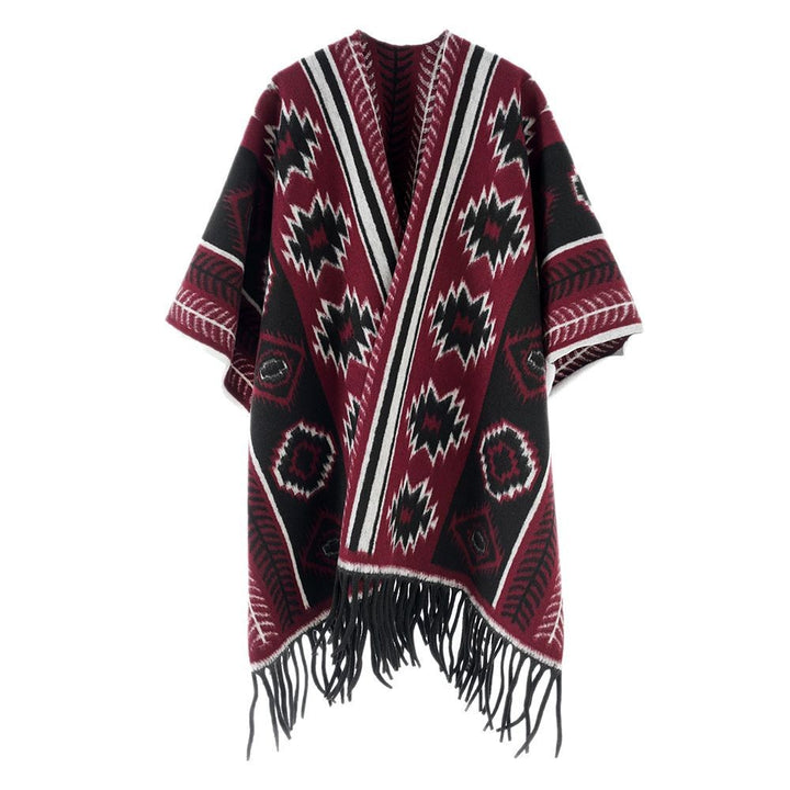 Women's Aztec-inspired fringe poncho cape in oversized rectangular cut Mune Fashion