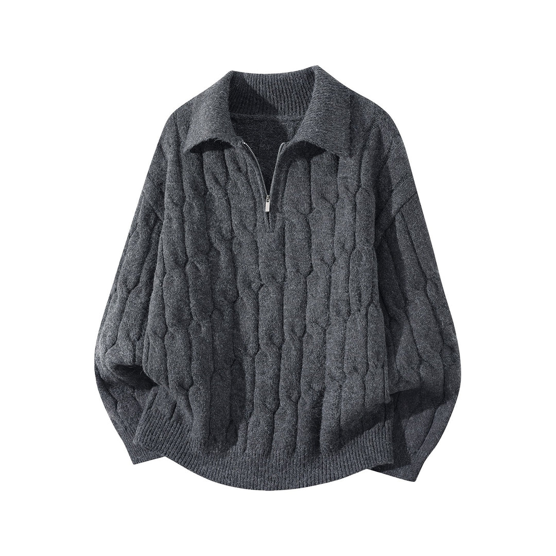 Unisex Oversize Braid Knit Sweater with Half Zip and Shirt Collar Mune Fashion