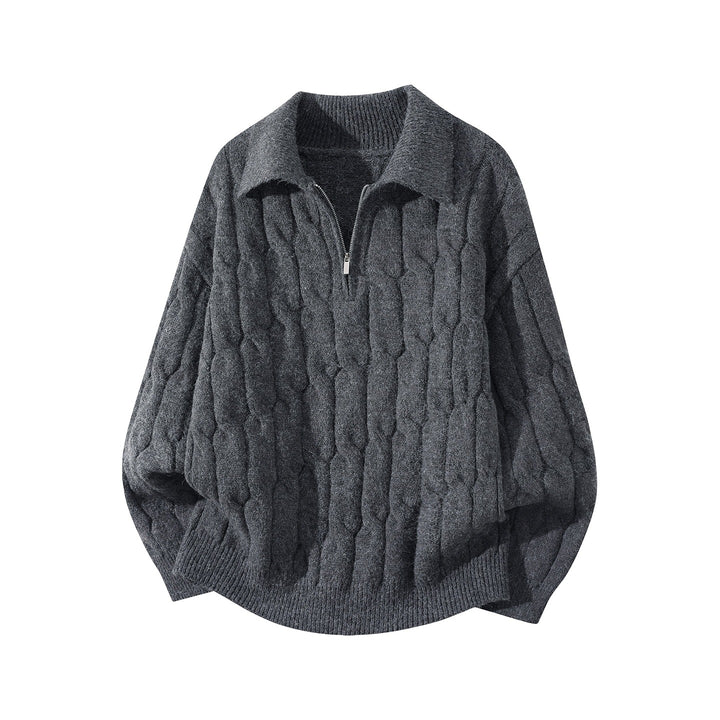Unisex Oversize Braid Knit Sweater with Half Zip and Shirt Collar Mune Fashion