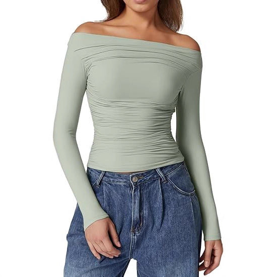 Women's Off-Shoulder Tailored Stretch Long Sleeve with Gathering and Figure-Hugging Silhouette Mune Fashion