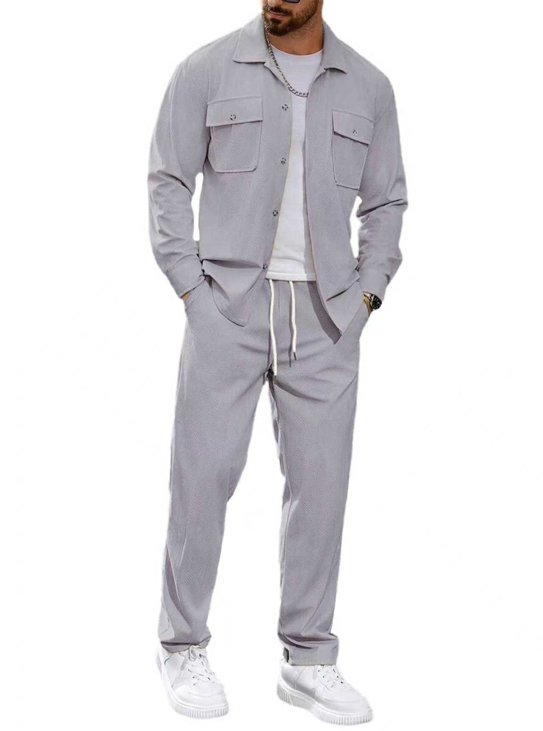 Men's casual two-piece shirt jacket with applied chest pockets and drawstring pants Mune Fashion