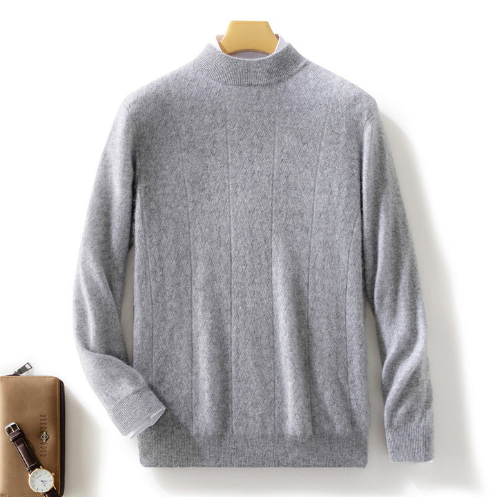 Men's fine stand-up collar sweater in cashmere look with subtle diagonal texture and narrow hem Mune Fashion