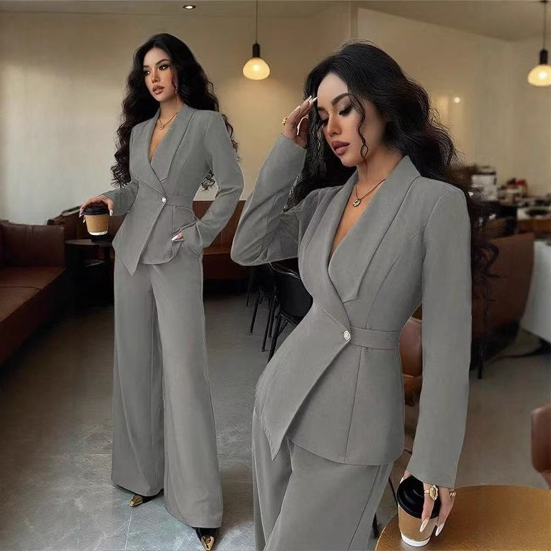 Women's tailored pantsuit set with asymmetrical blazer and wide-leg Mune Fashion