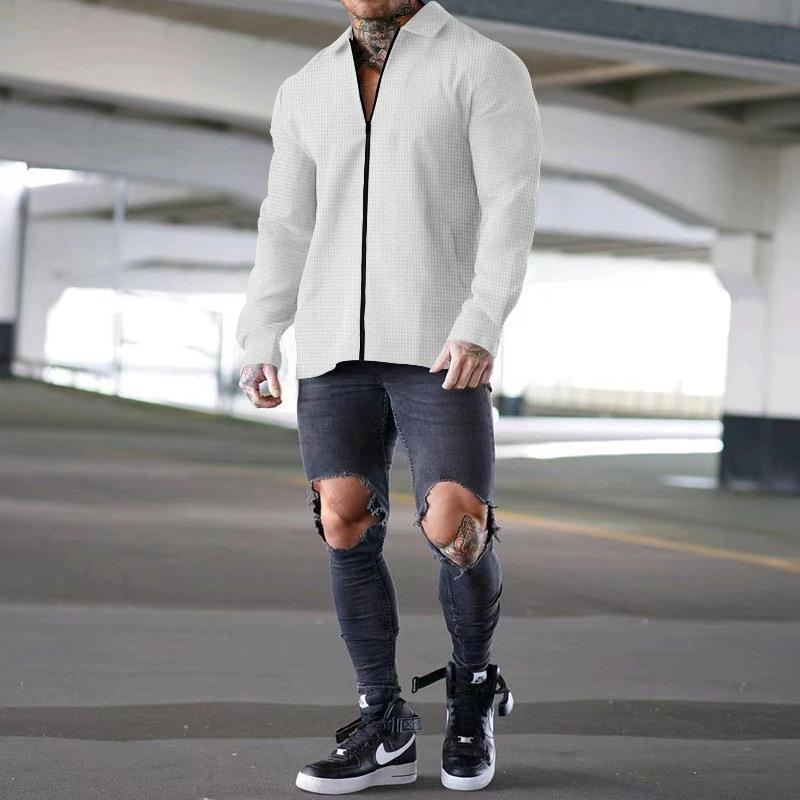 Men's structured long-sleeve shirt jacket with concealed half-zip, Kent collar, and light waffle texture Mune Fashion