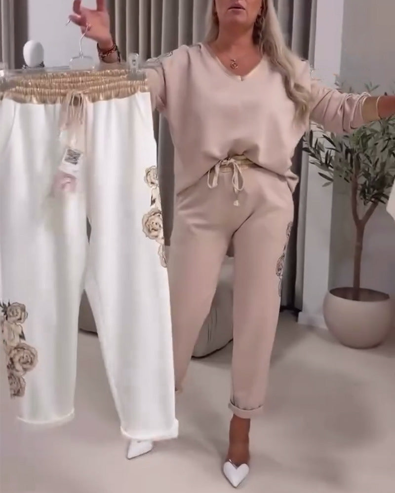 Women’s casual jogging pants with side rose embroidery, elastic comfort waistband, and drawstring Mune Fashion