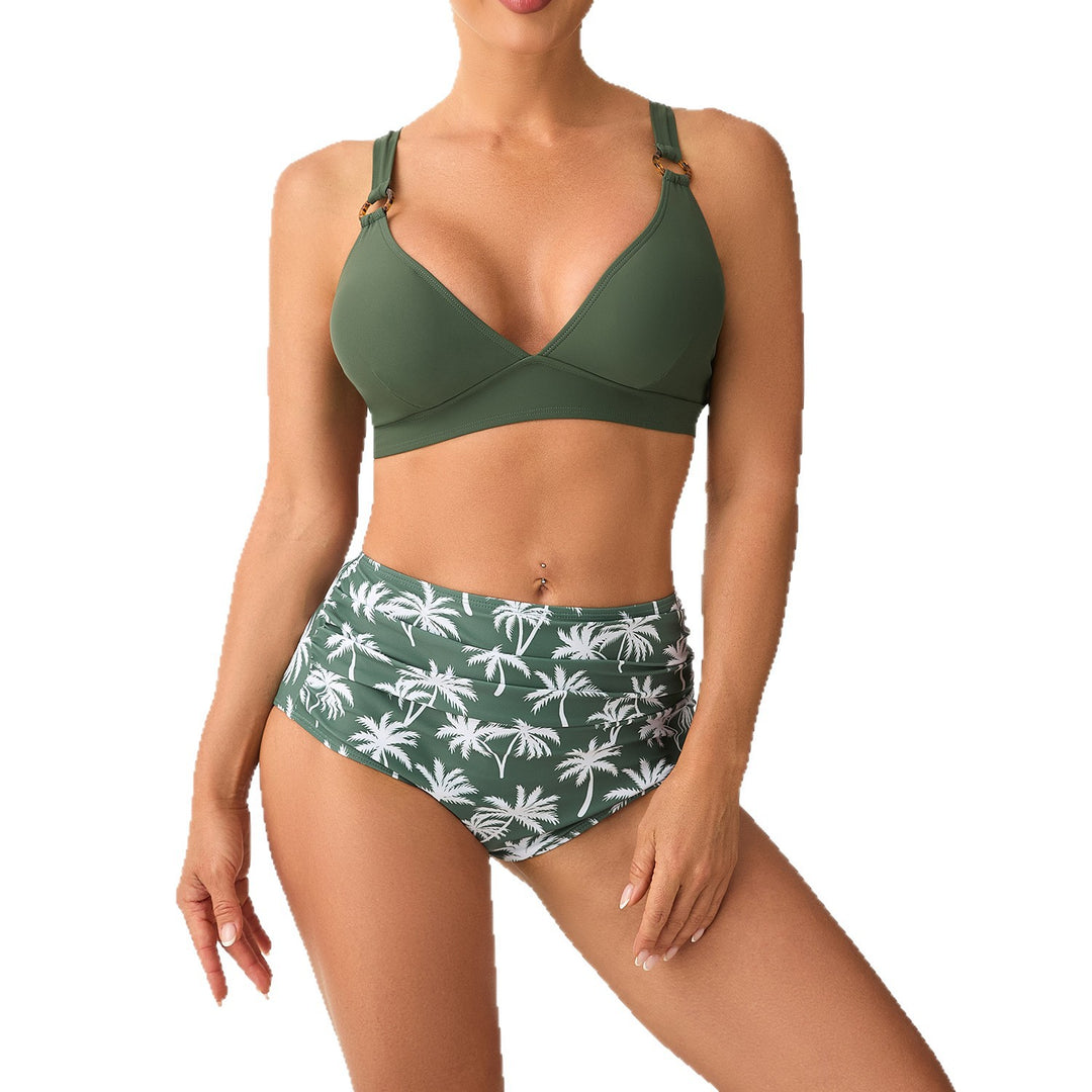 Women High-Waisted Bikini Set with Adjustable Straps and Stylish Palm Print Mune Fashion