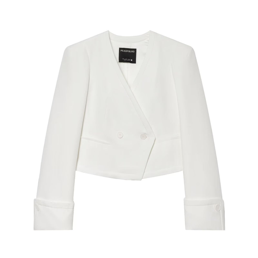 Women cropped double-breasted blazer with V-neck and cuffed sleeves Mune Fashion