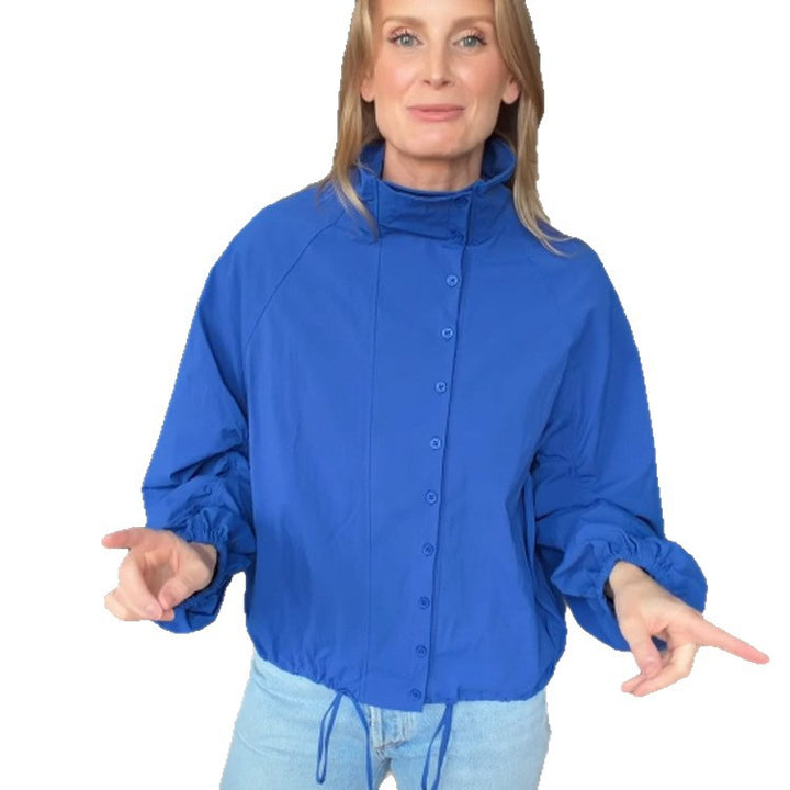 Women's Lightweight Windbreaker with Stand-up Collar, Snap Button Placket and Drawstring Mune Fashion