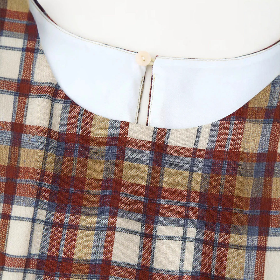 Women's checkered long-sleeve mini dress with twisted waist panel and flared skirt Mune Fashion
