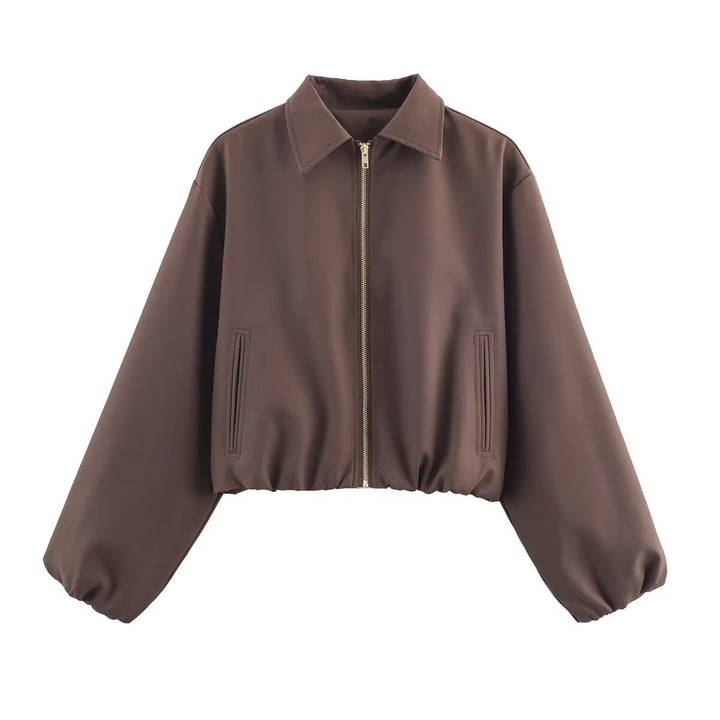 Women short jacket made of vegan leather with Kent collar, full-length zipper and gathered hem Mune Fashion