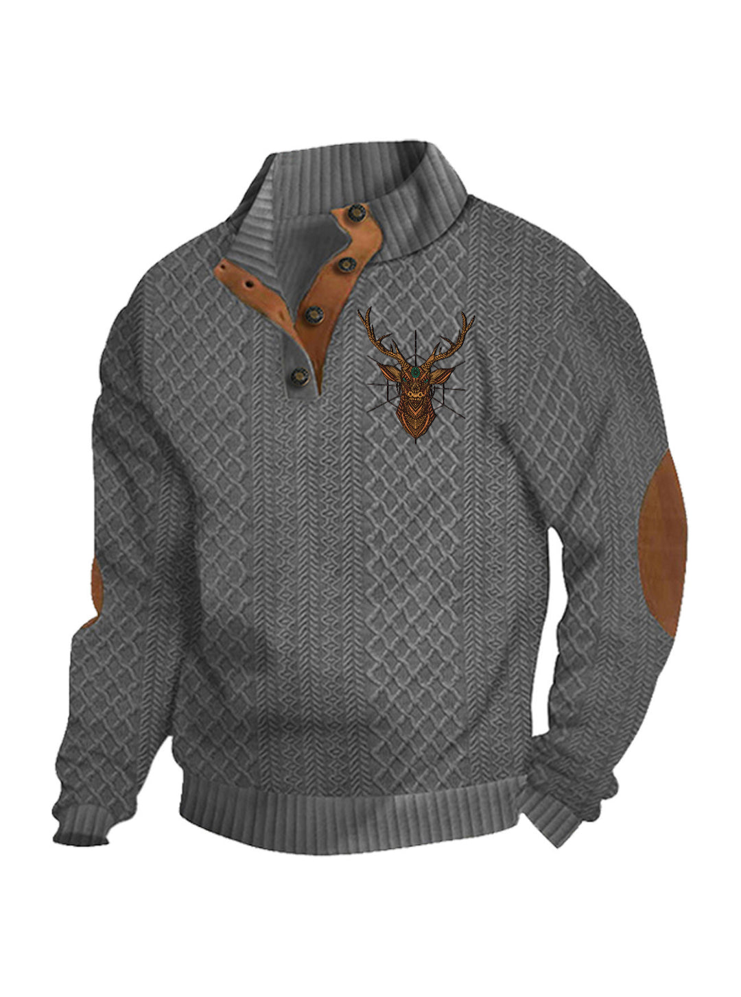Men's nan Heritage textured pullover with stand-up collar faux leather trim elbow patches and half-button placket Mune Fashion