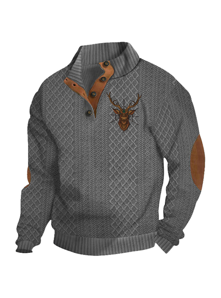 Men's nan Heritage textured pullover with stand-up collar faux leather trim elbow patches and half-button placket Mune Fashion
