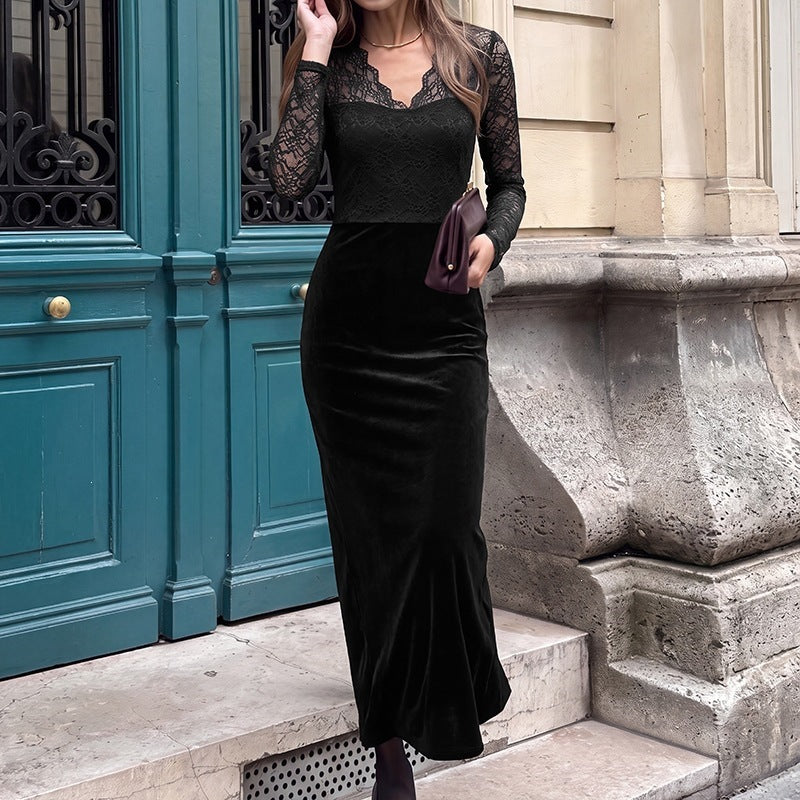 Women's evening dress with transparent lace sleeves, velvet skirt, and illusion heart neckline Mune Fashion