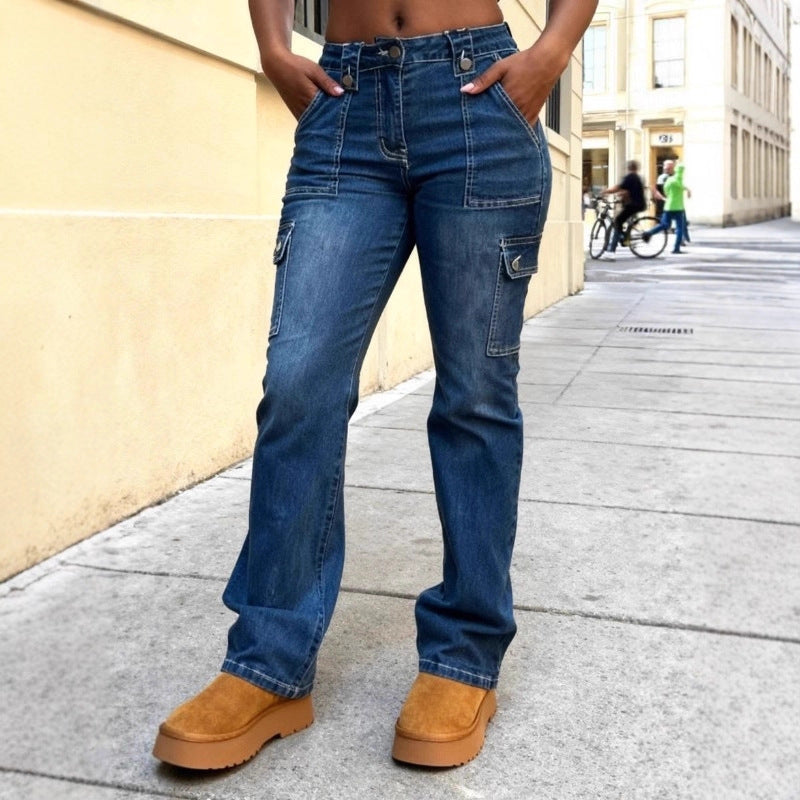 Women High-Waisted Cargo Denim Jeans with Straight Legs and Patch Flap Pockets Mune Fashion