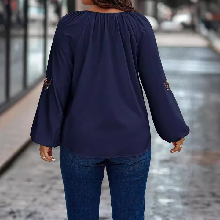 Women Loose Fit V-Neck Blouse with Floral Embroidery on Balloon Sleeves Mune Fashion