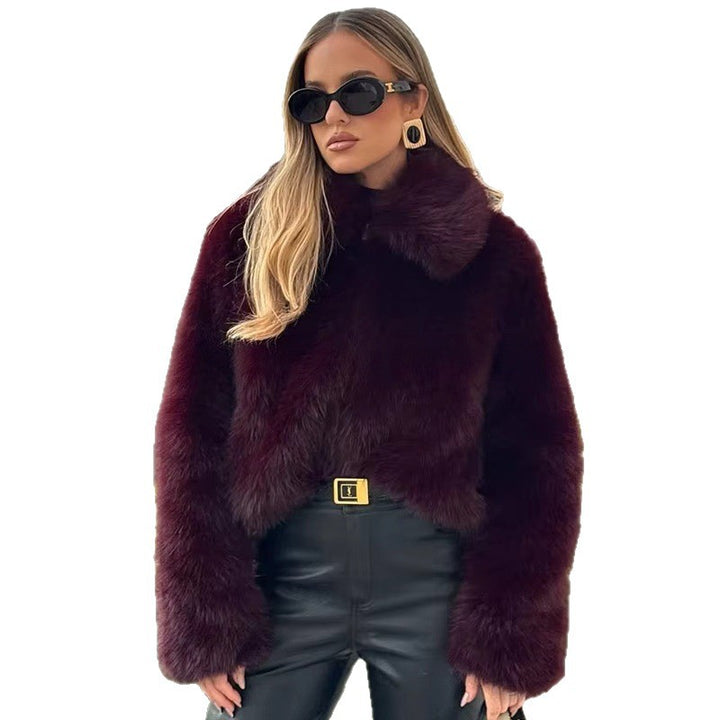 Women's Cropped Faux Fur Boxy Jacket with High Stand-Up Collar and Extra Soft Long Pile Mune Fashion