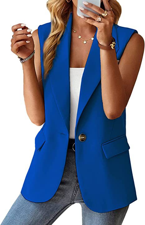 Women Sleeveless Longline Blazer Vest with Lapel Collar, Single Button and Patch Pockets Mune Fashion