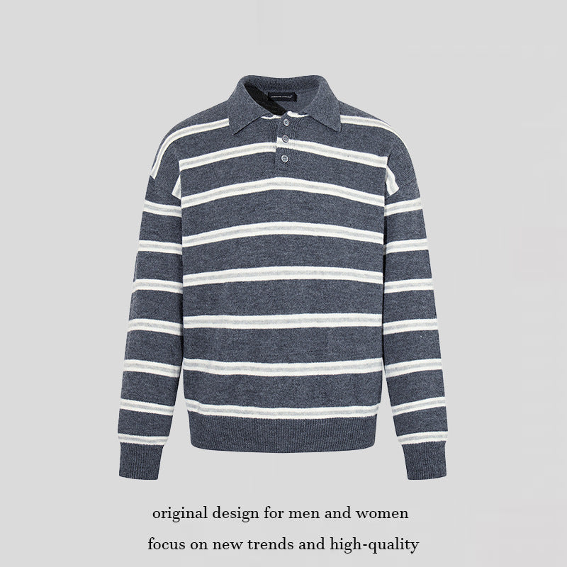Men's Knit Polo Shirt with Stripe Pattern, Polo Collar and Button Placket Mune Fashion
