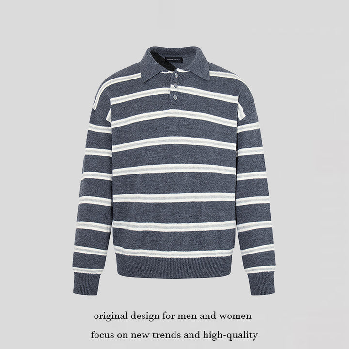 Men's Knit Polo Shirt with Stripe Pattern, Polo Collar and Button Placket Mune Fashion
