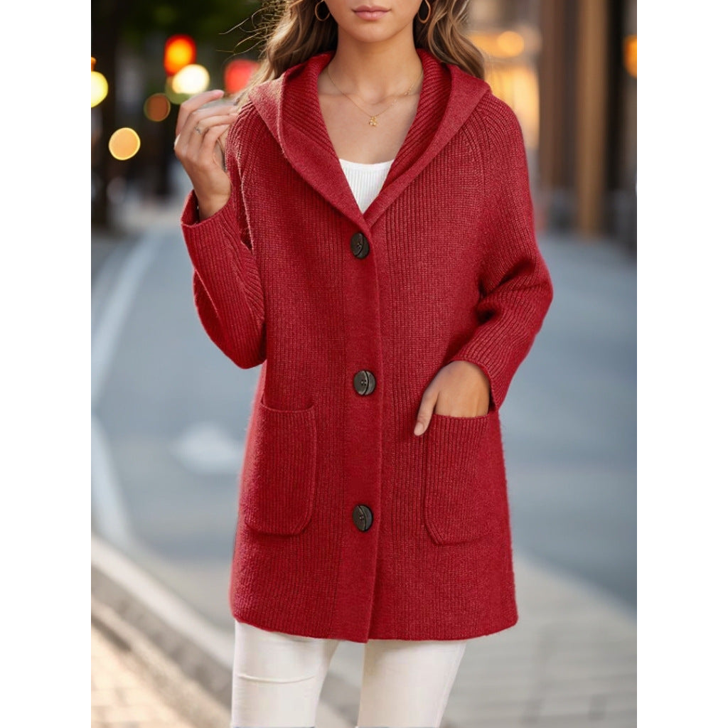Women's long ribbed hooded cardigan with patch pockets and distinctive buttons Mune Fashion