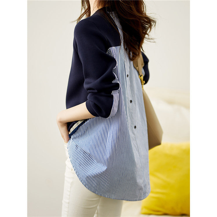 Ladies' layered look sweatshirt with striped shirt hem, decorative strips, and extended back Mune Fashion