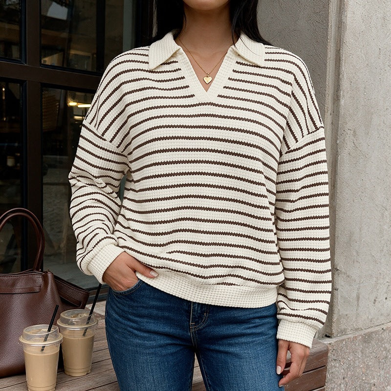 Women's Striped Waffle Knit Sweater with Shirt Collar and V-Neck Mune Fashion